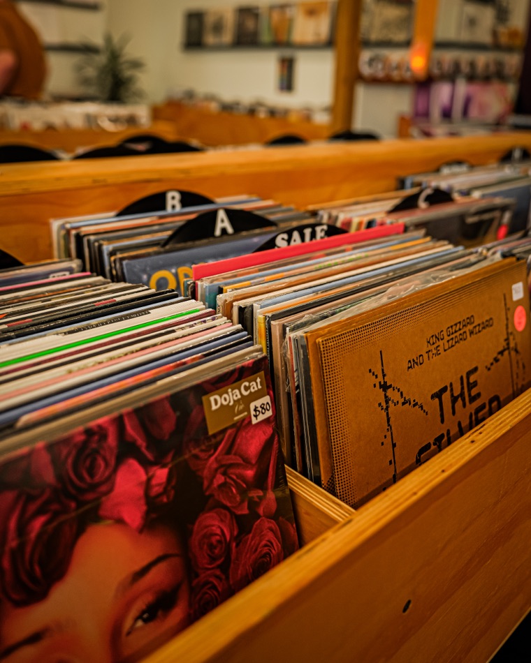 Second-hand records packed into the wooden crates at Blackbird Records